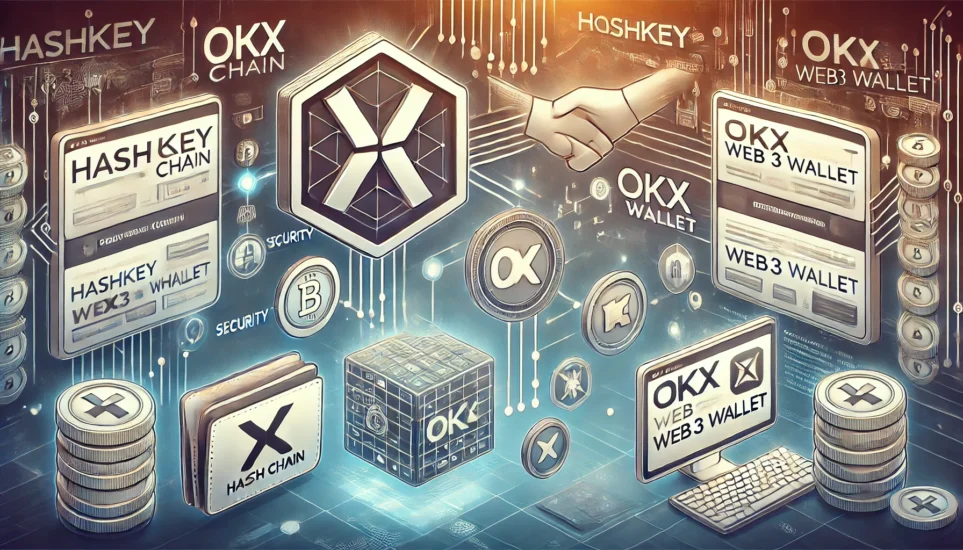 DALL·E 2024 12 18 10.39.34 An illustration showing a partnership between HashKey Chain and OKX Web3 Wallet with elements representing blockchain technology and user rewards. Th e1734486054571