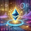 Ethereumロゴを中心に、ノードが接続された未来的なデジタルネットワーク。スケーラビリティやユーザー体験、ステーキング機能の向上を象徴するデザイン。