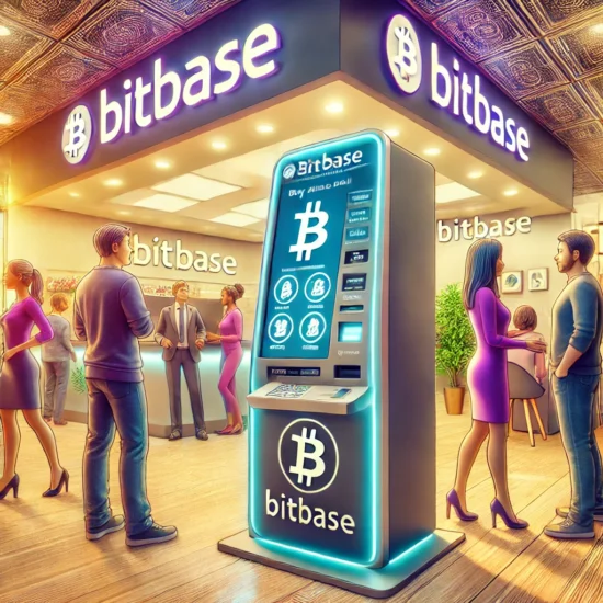 Bitbaseの暗号資産ATMがアルゼンチン・コルドバのオフィスに設置され、利用者が仮想通貨の購入と売却を体験している様子。