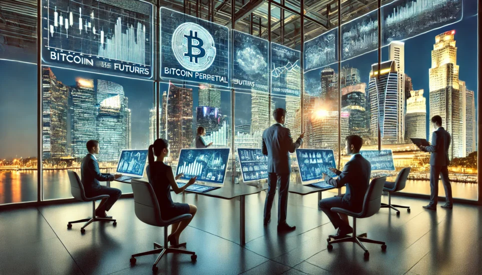 シンガポールの高層ビルにある未来的な取引フロアで、トレーダーたちがビットコイン無期限先物のデータを分析している。