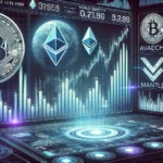 Avalanche (AVAX)とMantle (MNT)の仮想通貨取引を示す未来的なデジタル金融インターフェース。