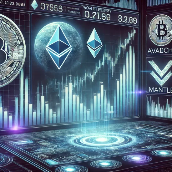 Avalanche (AVAX)とMantle (MNT)の仮想通貨取引を示す未来的なデジタル金融インターフェース。